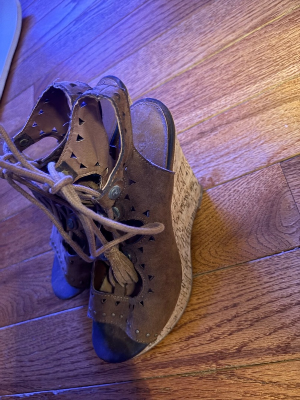 Brown Suede Lace-Up Cork Wedge Sandals. Size 7.5